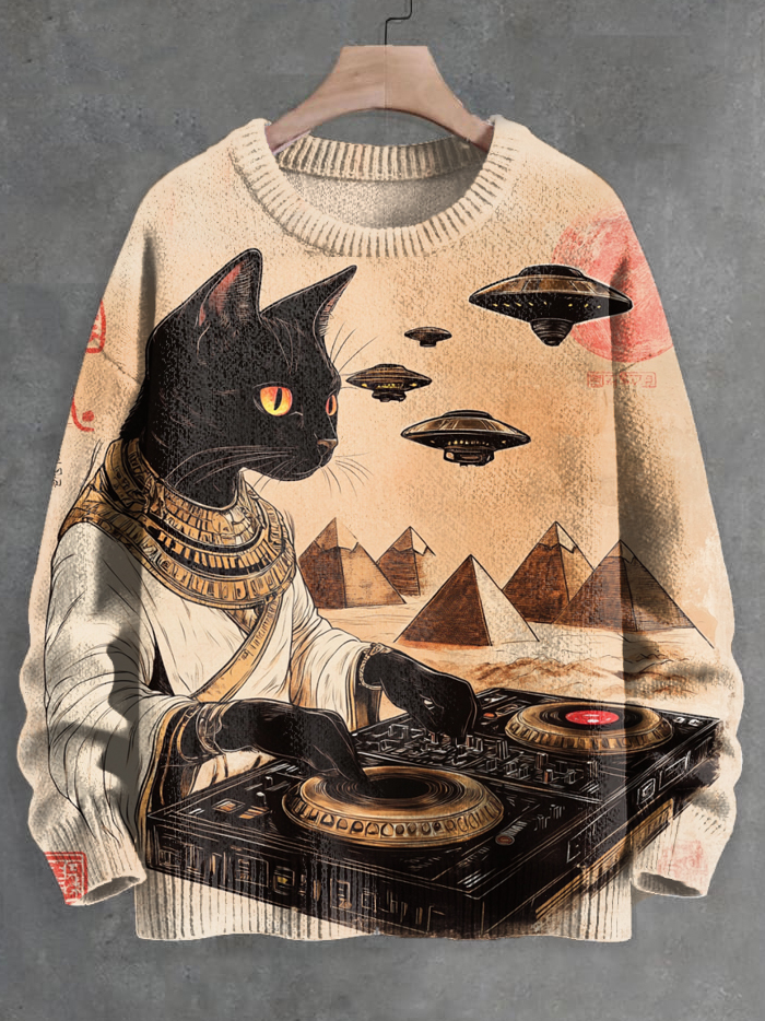 Men's Retro Egypt Black Cat DJ Plays Discs UFO Sci-Fi Art Print Knit S