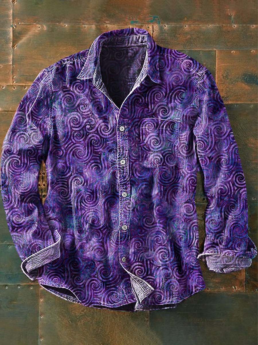 Mens Vintage Abstract Print Casual Lapel Long Sleeve Shirt