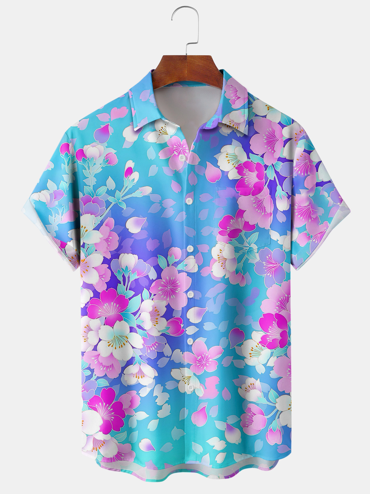 Moisture Wicking Blue Gradient Floral Hawaiian Print Short Sleeve Pocket Shirt