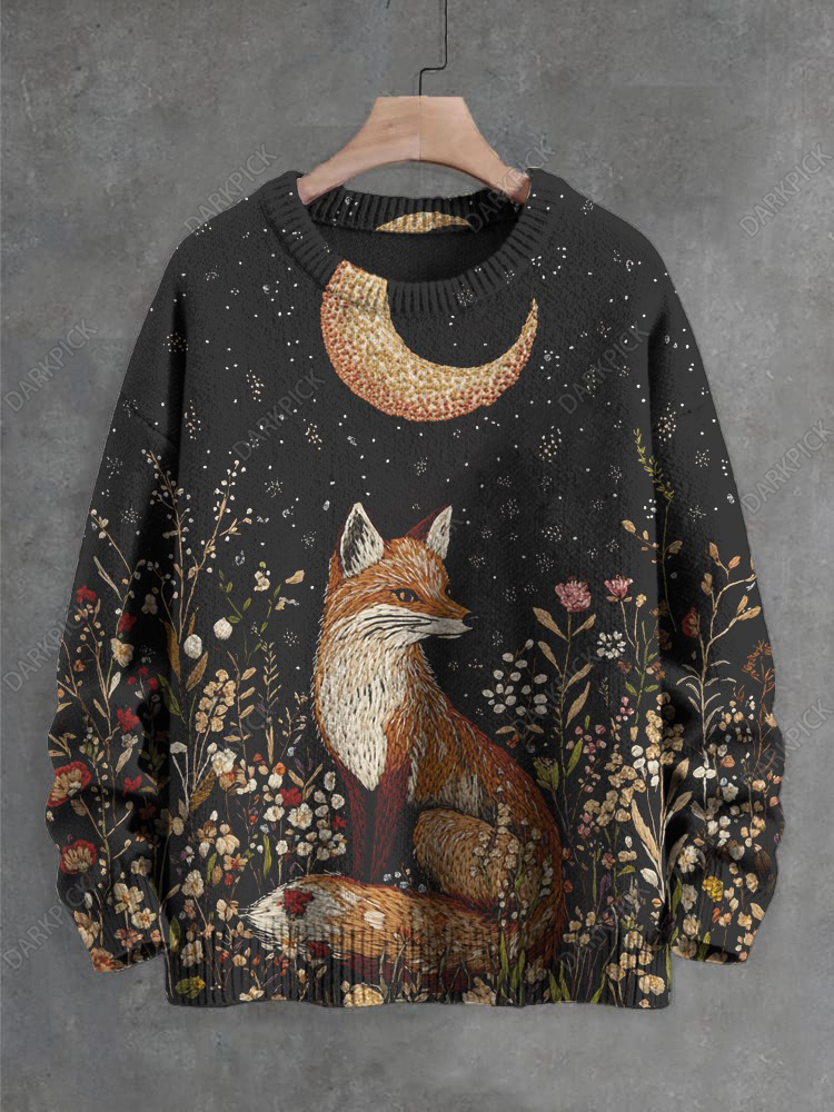 Women's Botanical Floral Moon Fox Print Knit Sweatshirt