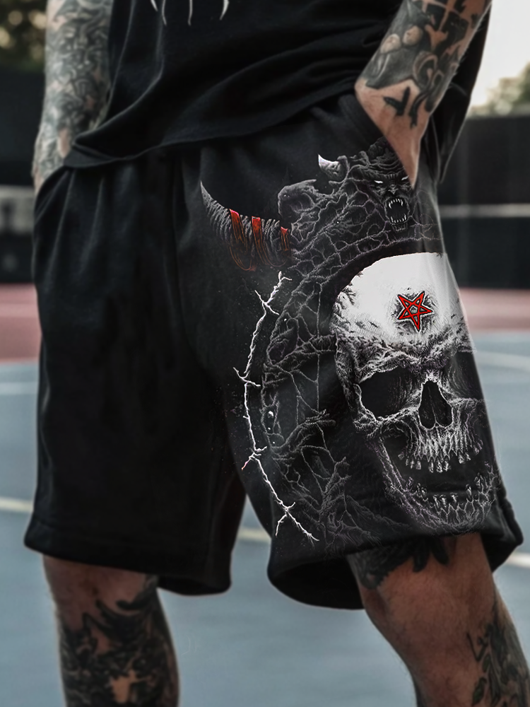 Satanic Skull Devil Dark Pentagram Printed Shorts