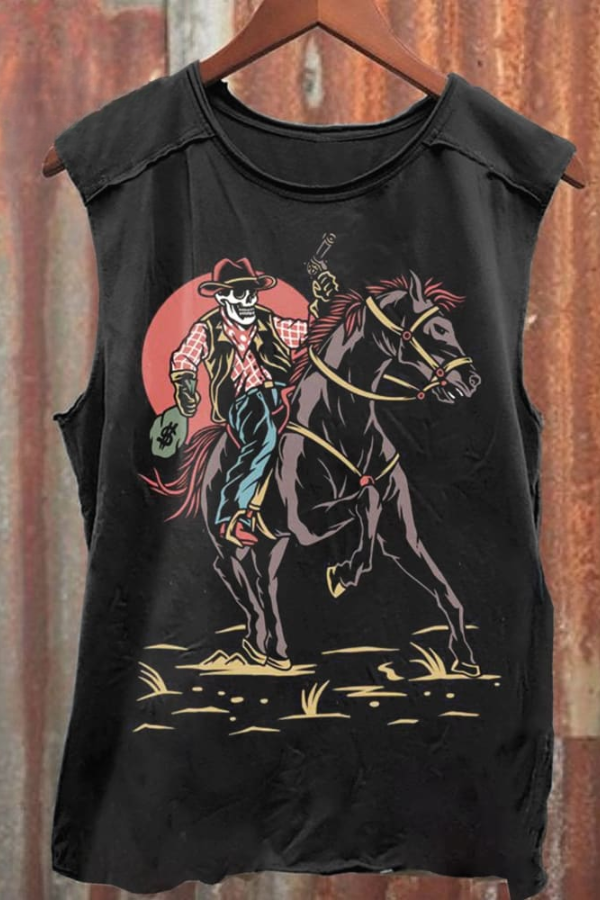 Vintage Skull Riding Art Print 100% Cotton Casual Tank Top