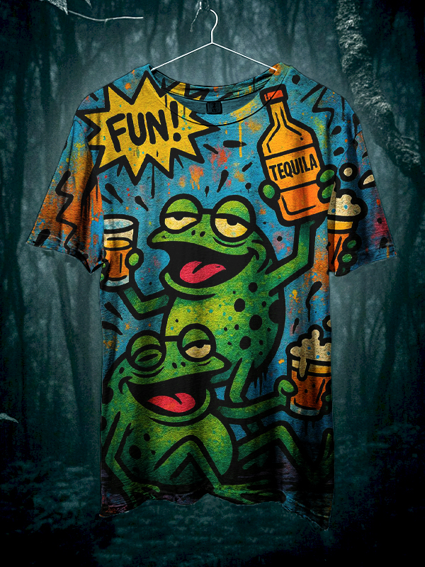 Men's Drunk Frog Drinking Happily Print Casual T-Shirt