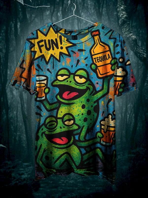 Men's Drunk Frog Drinking Happily Print Casual T-Shirt