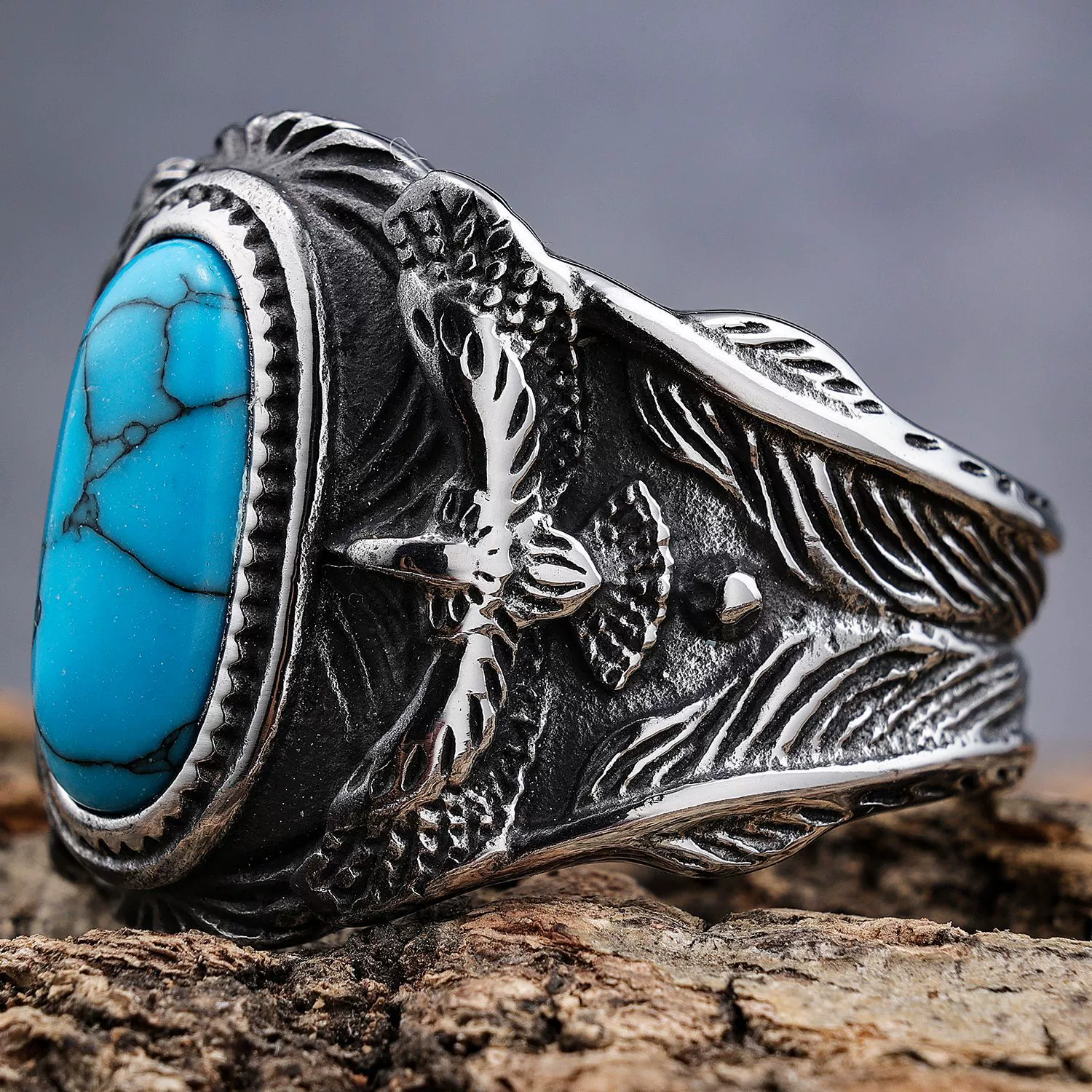 Turquoise Ring with Eagle Motif for Men