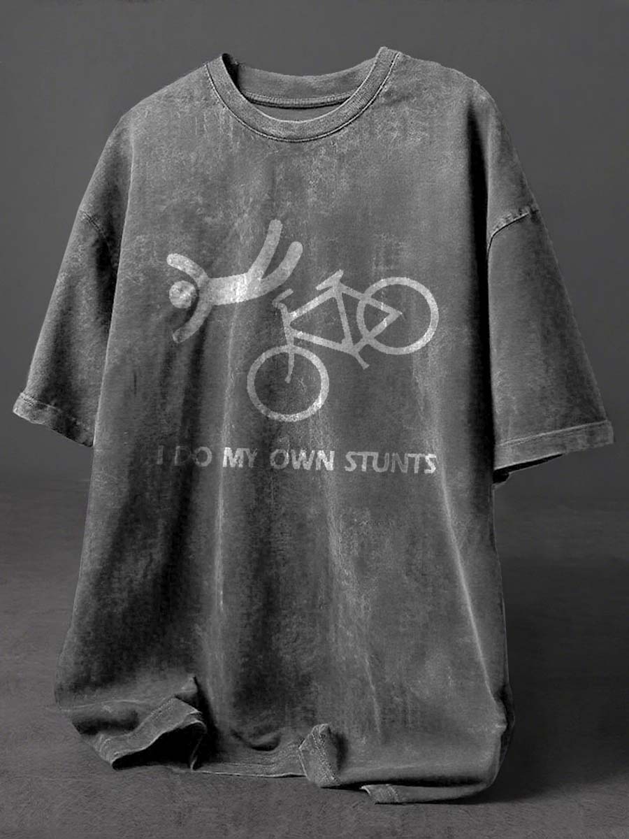 I Do My Own Stunts Print Retro Distressed Washed Cotton T-shirt