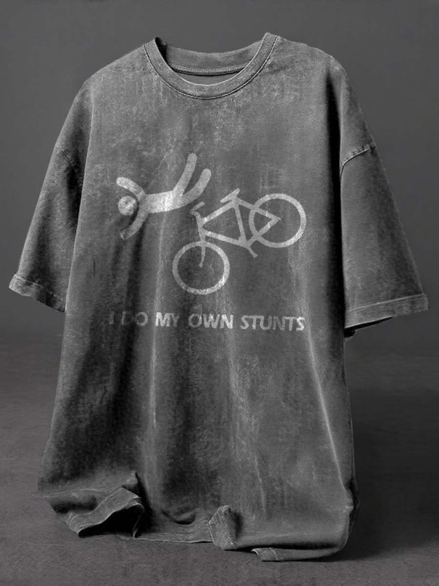 I Do My Own Stunts Print Retro Distressed Washed Cotton T-shirt