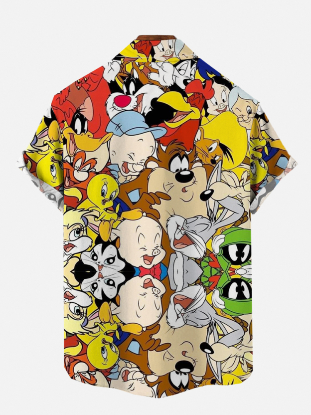 Cartoon Characters Stacked Printing Breast Pocket Short Sleeve Shirt