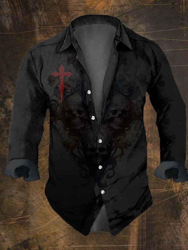 Men's Vintage Dark Skull Print Long Sleeve Shirt