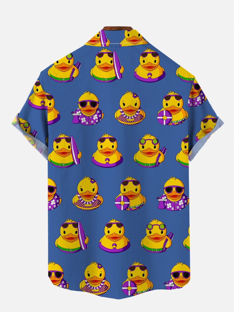  Navy Cartoon Rubber Ducks Vacation Pattern Printing Breast Pocket Short Sleeve Shirt