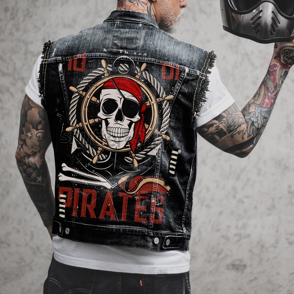 Denim Pirate Skull Street Dapper Motorcycle Waistcoat