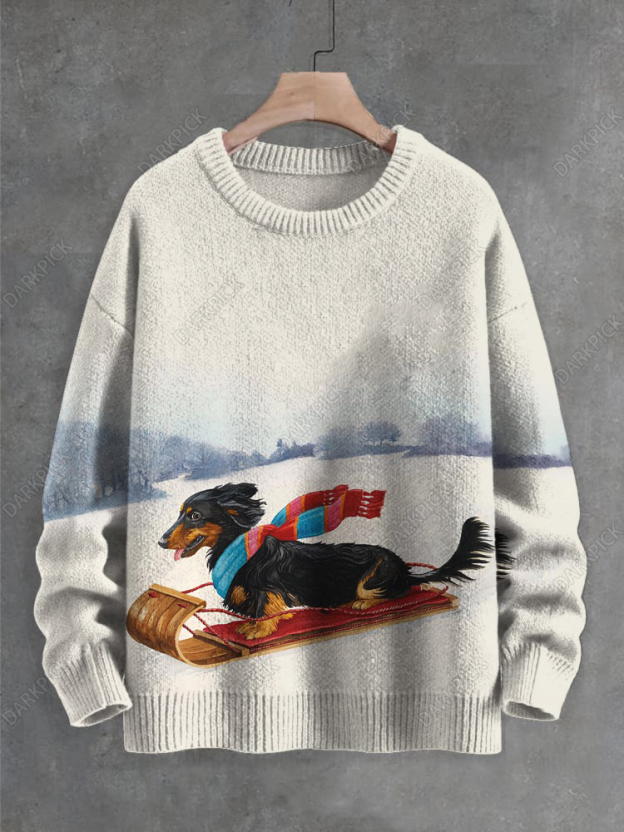Men's Dachshund Skiing Sleigh Art Print Knit Sweatshirt