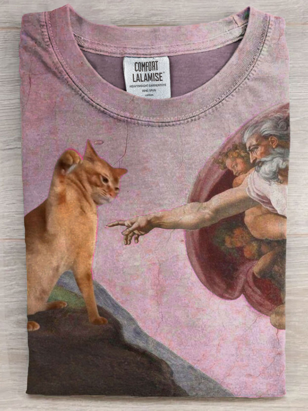 Vintage Funny Cat Art Print Casaul Short Sleeve T-shirt