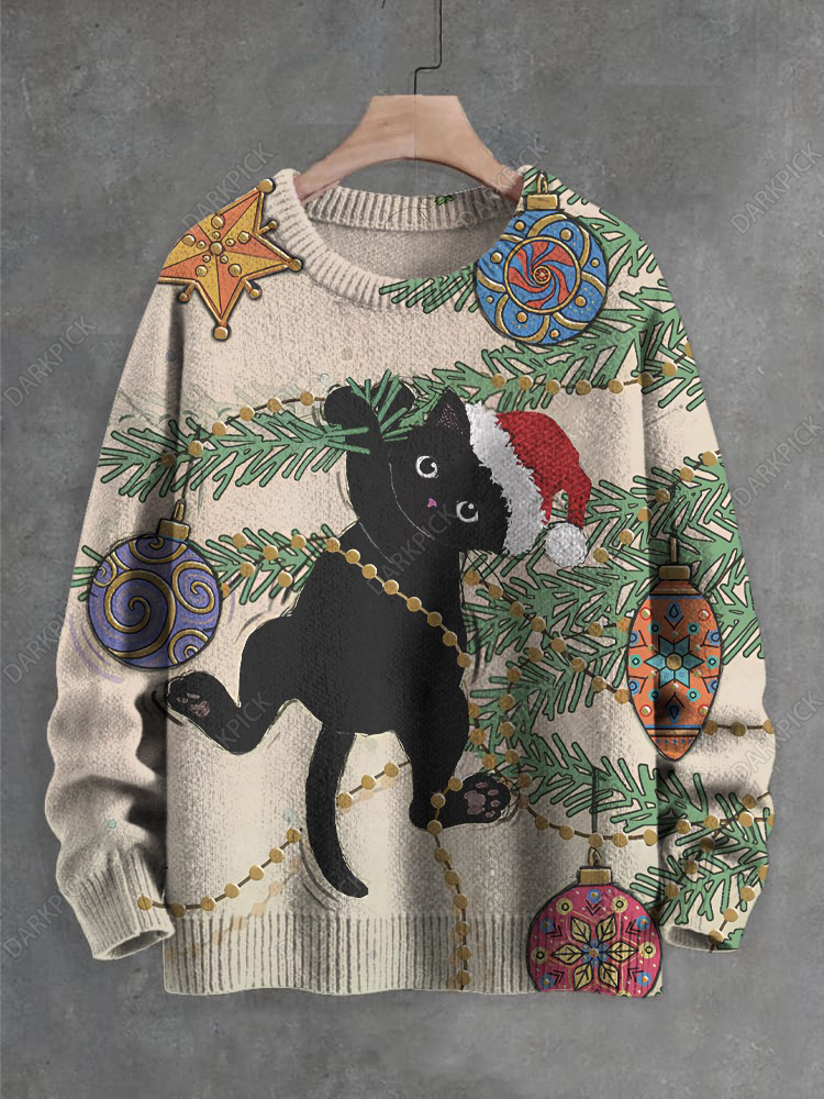 Women's Christmas Tree Black Cat Art Print Knit Sweatshirt