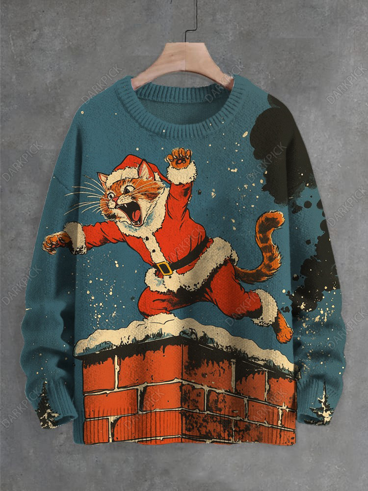 Men's Christmas Cat Fun Art Print Knit Sweatshirt
