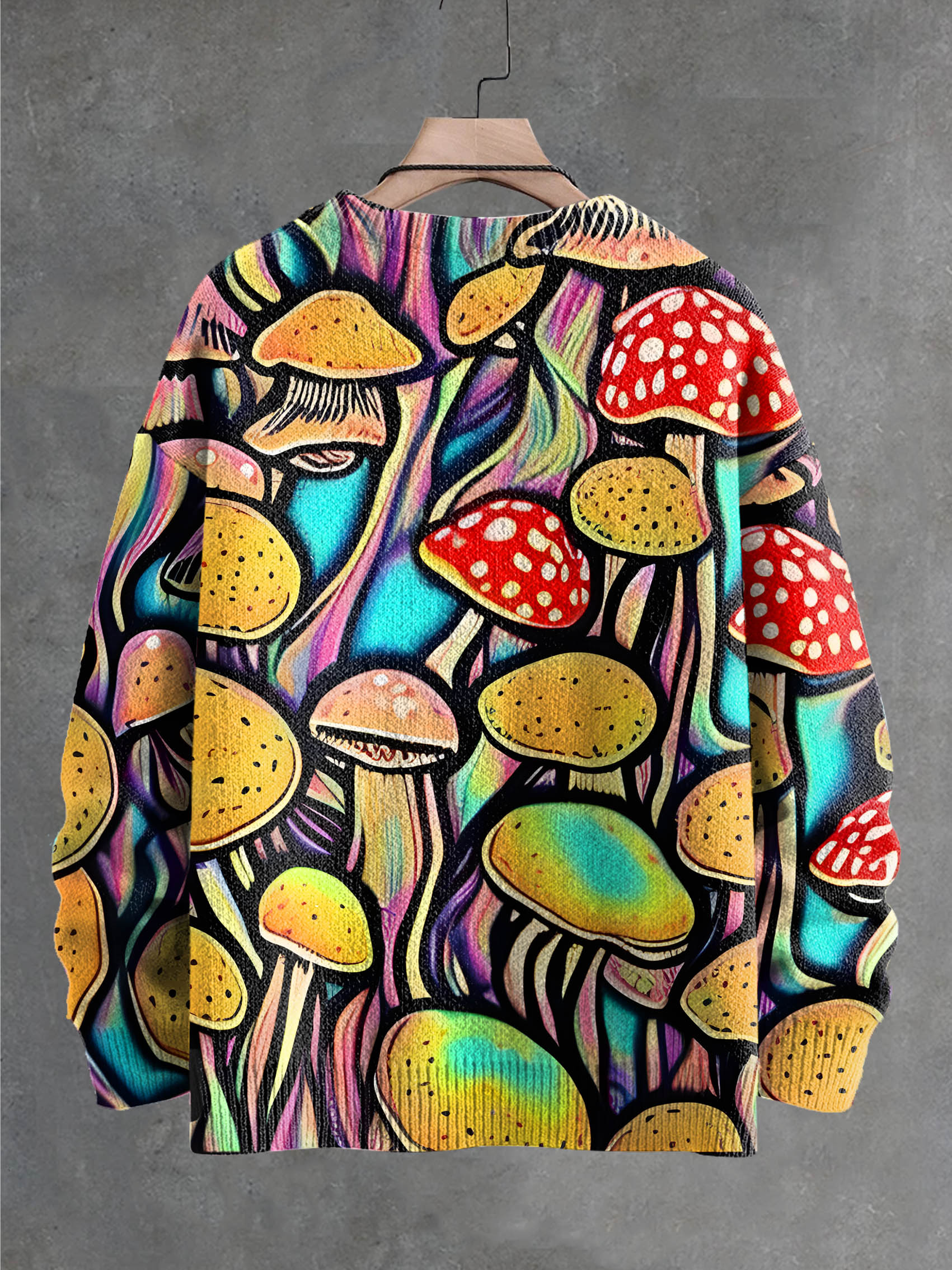 Retro Dark Mushroom Fantasy Multicolor Art Print Knit Pullover Sweater