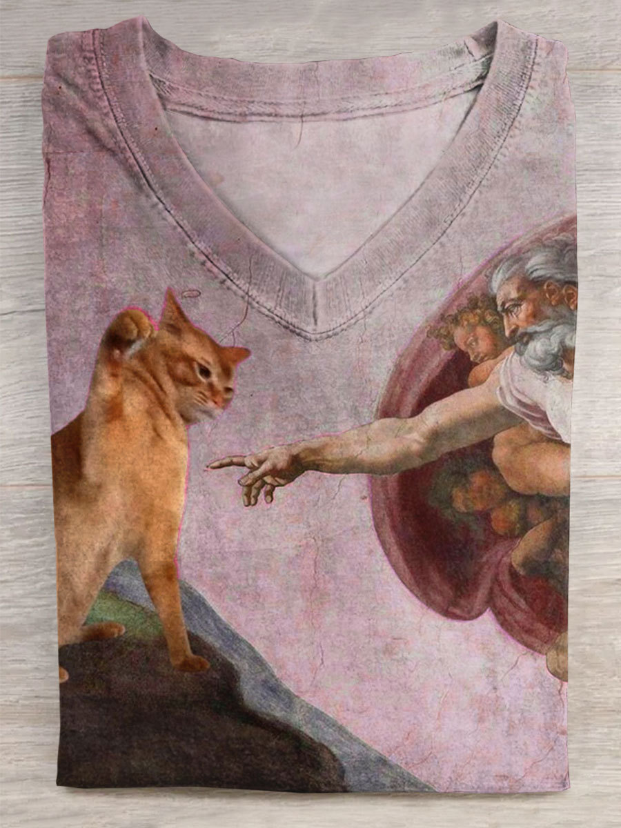 Vintage Funny Cat Art Print V-neck Casual T-Shirt