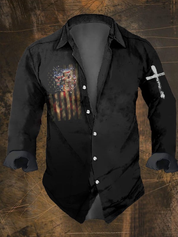Men's Vintage Dark Skull Print Long Sleeve Shirt