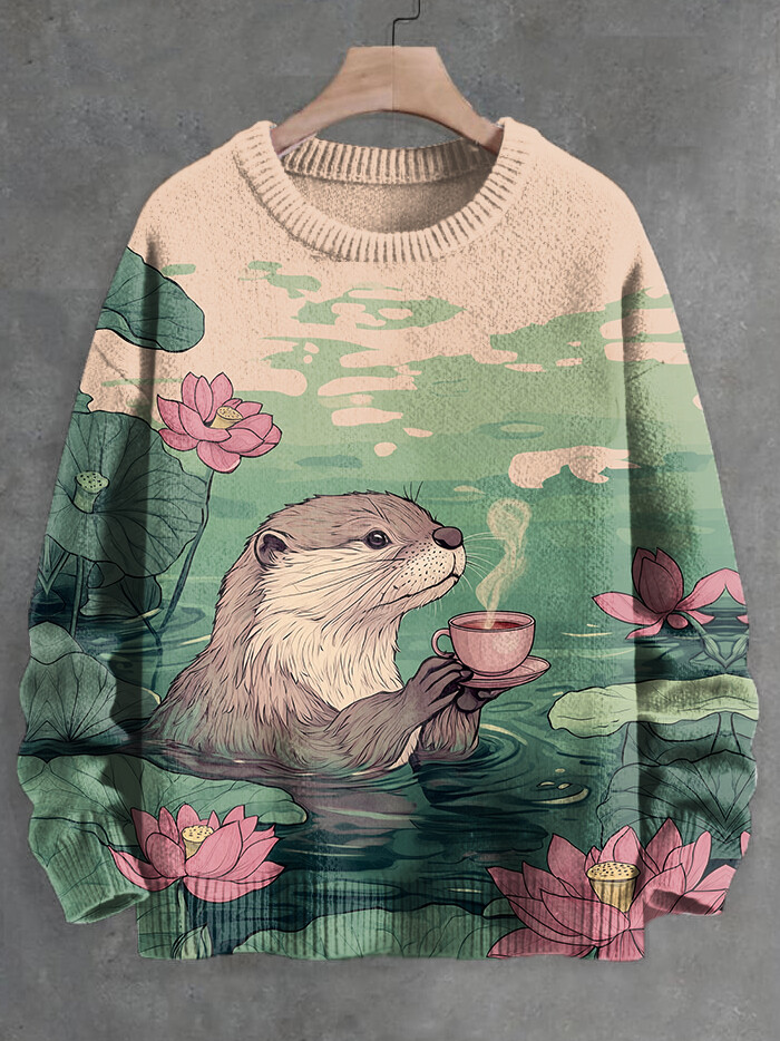 Men's Lotus Pond Otter Drinking Tea Art Print Knit Sweatshirt