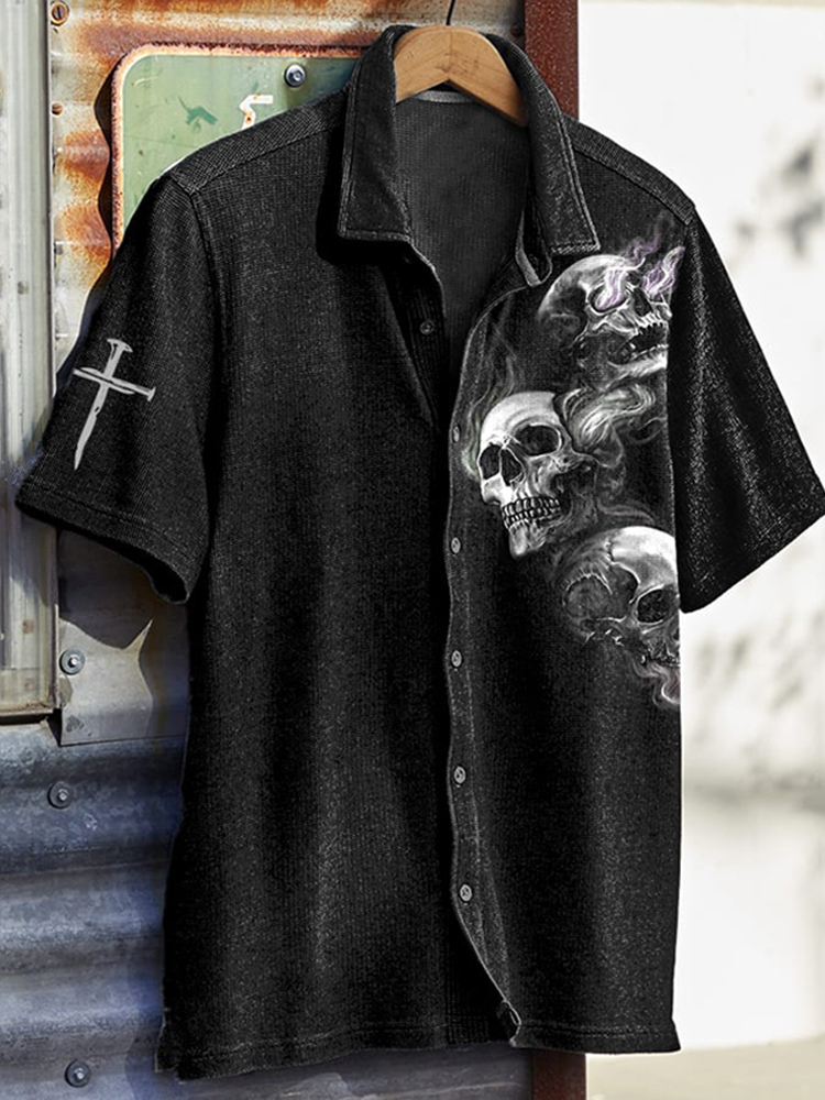 Men's Vintage Skull Print Waffle Shirt