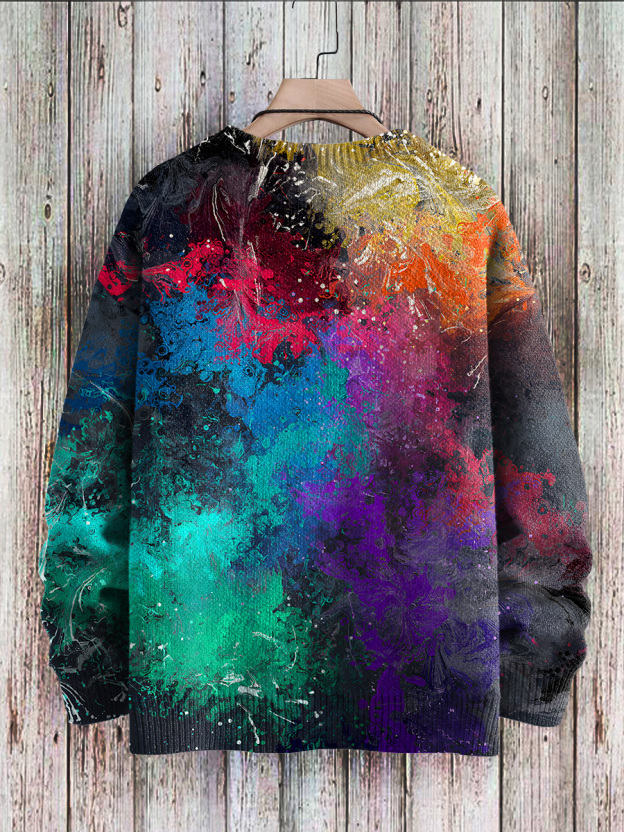 Multicolor Rainbow Gradient Blending Universe Art Print Knit Pullover Sweater