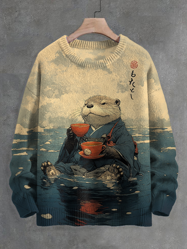 Men's River Kimono Otter Tasting Tea Japanese Art Print Knit Sweater