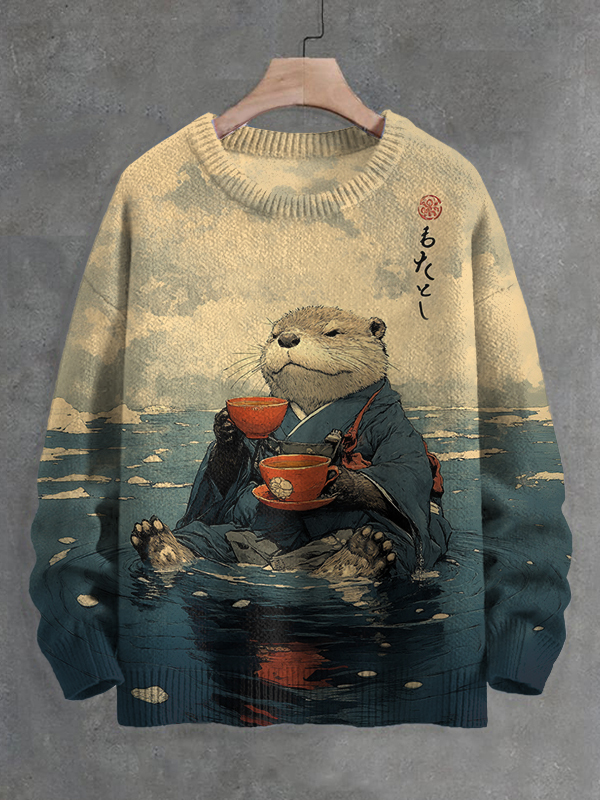 Men's River Kimono Otter Tasting Tea Japanese Art Print Knit Sweater