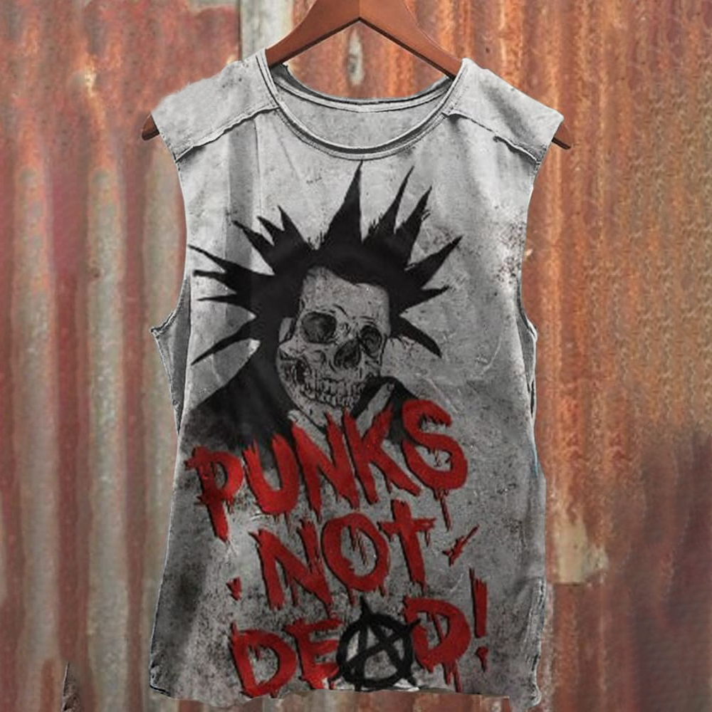 Unisex Retro Rock Music Skull Punks Not Dead Print 100% cotton Casual Tank Top