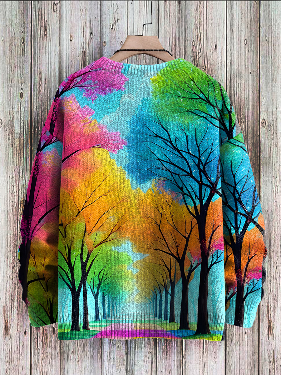 Multicolor Rainbow Forest Art Print Knit Pullover Sweater