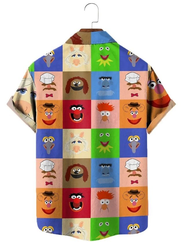 Darkpick® Retro Cartoon Fun Print Men's Button Pocket Short Sleeve Shirt Big & Tall