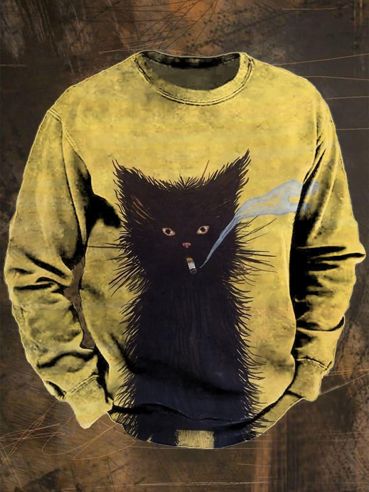 Unisex Smoking Black Cat Art Print Casual Sweatshirt