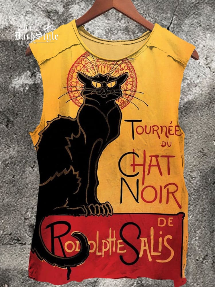 Black Cat Vintage Print 100% Cotton Casual Tank Top