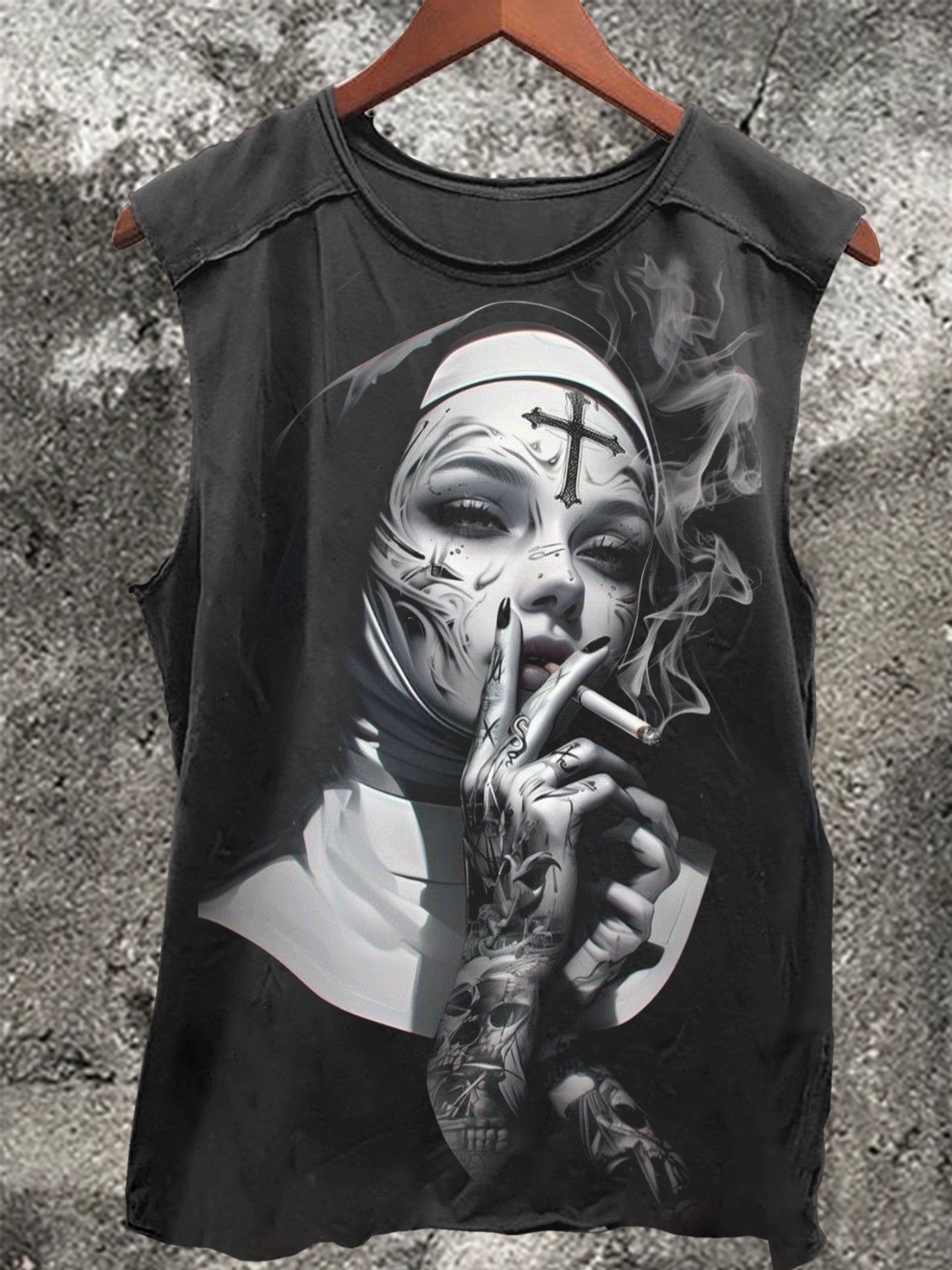 Tattooed Nun Smoking Vintage Print 100% Cotton Casual Tank Top
