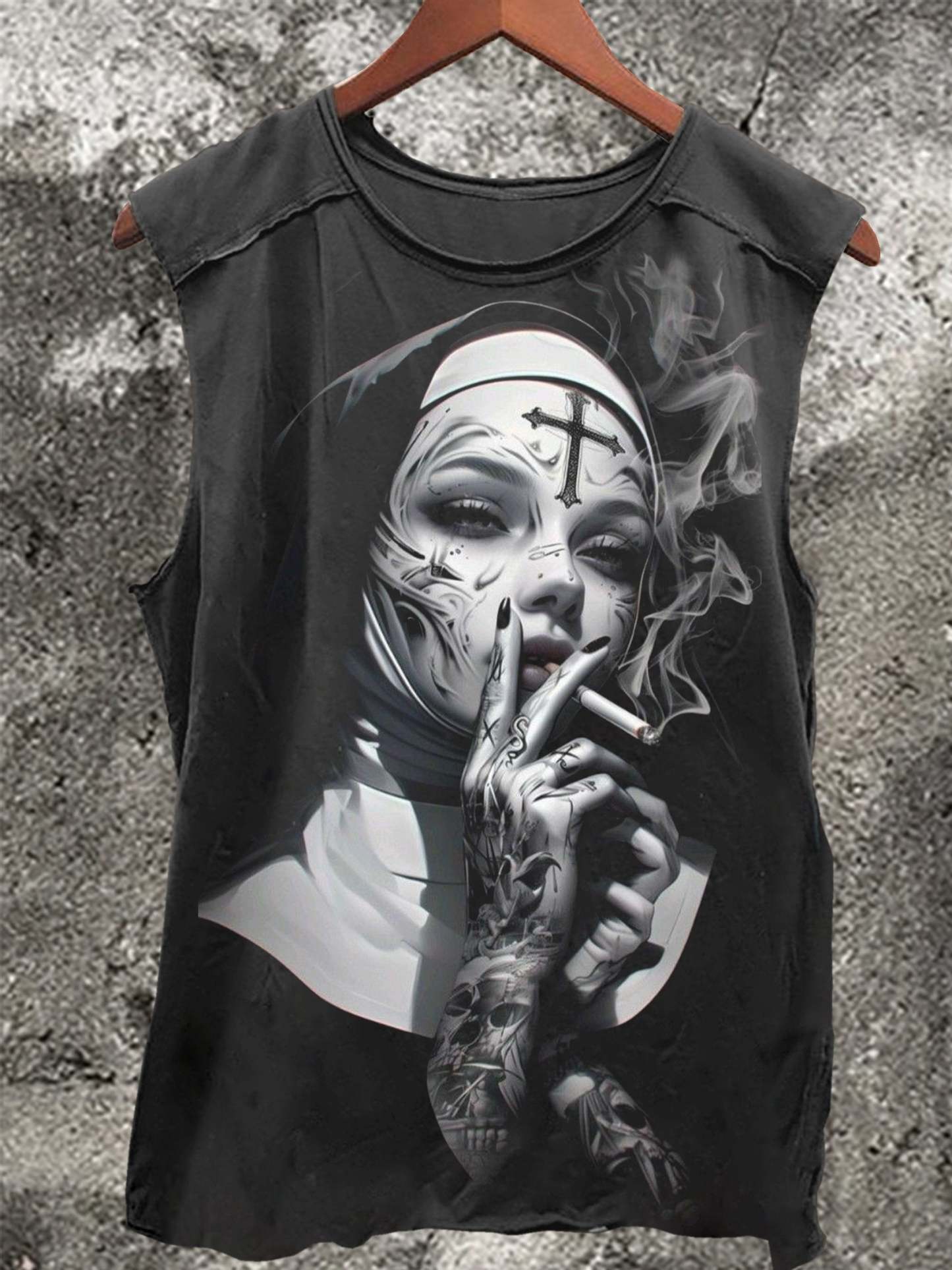 Tattooed Nun Smoking Vintage Print 100% Cotton Casual Tank Top
