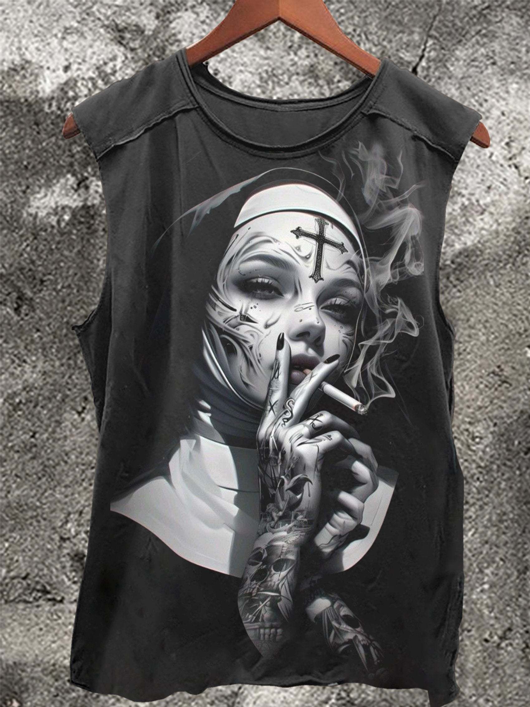 Tattooed Nun Smoking Vintage Print 100% Cotton Casual Tank Top