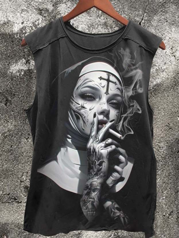 Tattooed Nun Smoking Vintage Print 100% Cotton Casual Tank Top
