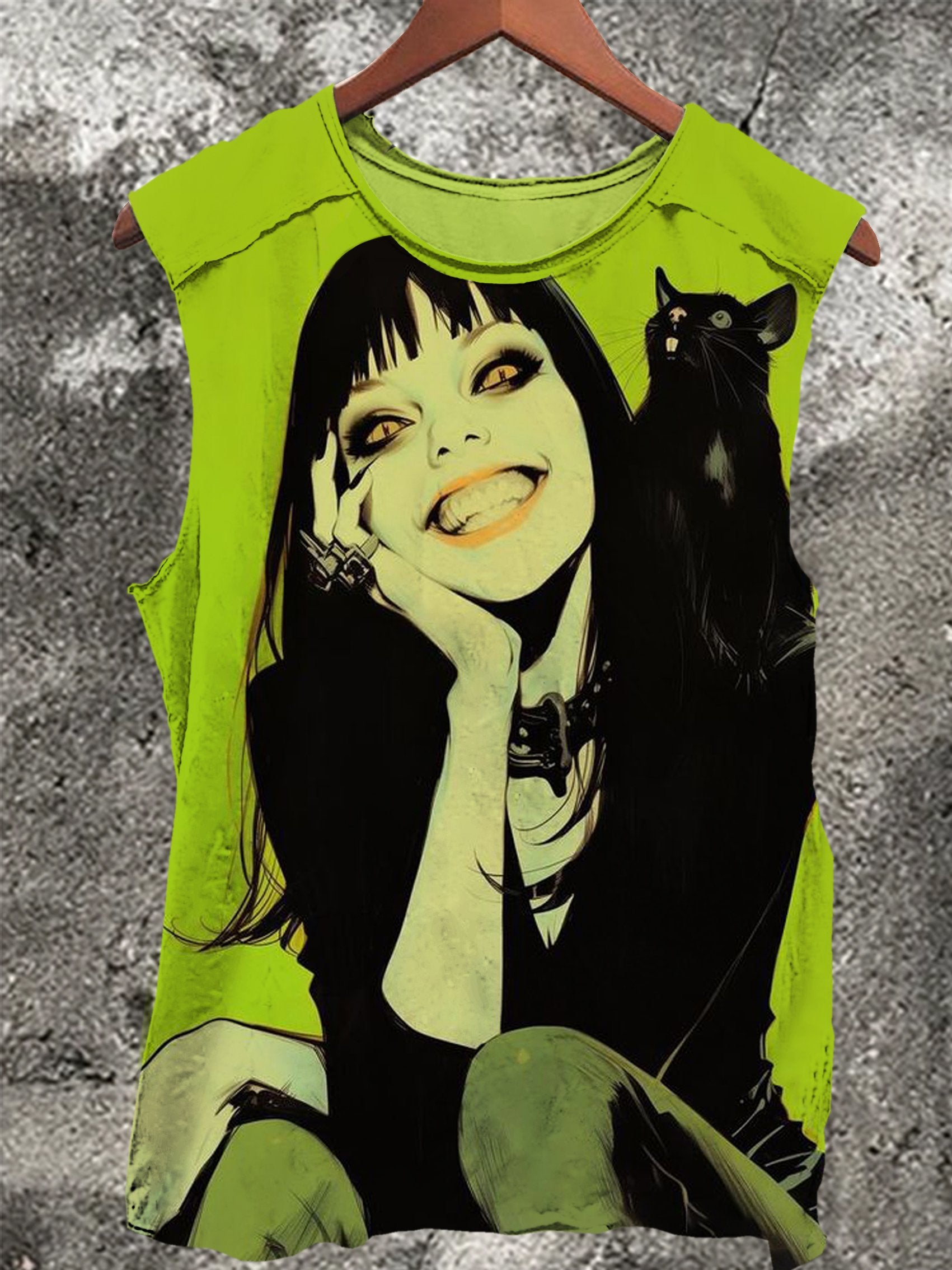 Black Cat and Smile Woman Vintage Print 100% Cotton Casual Tank Top