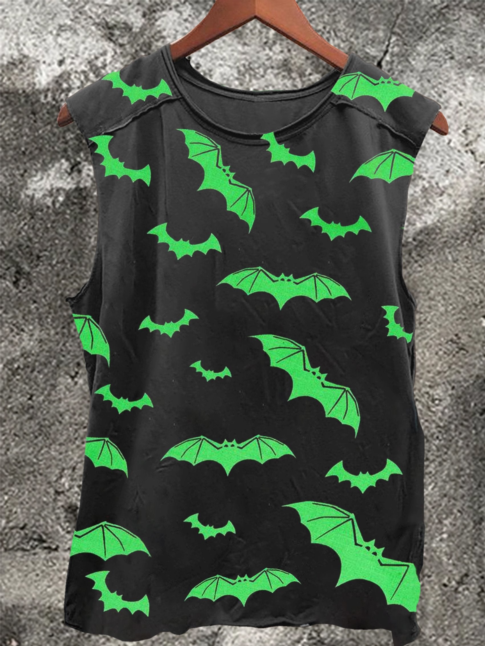 Fluorescent Green Bat Vintage Print 100% Cotton Casual Tank Top