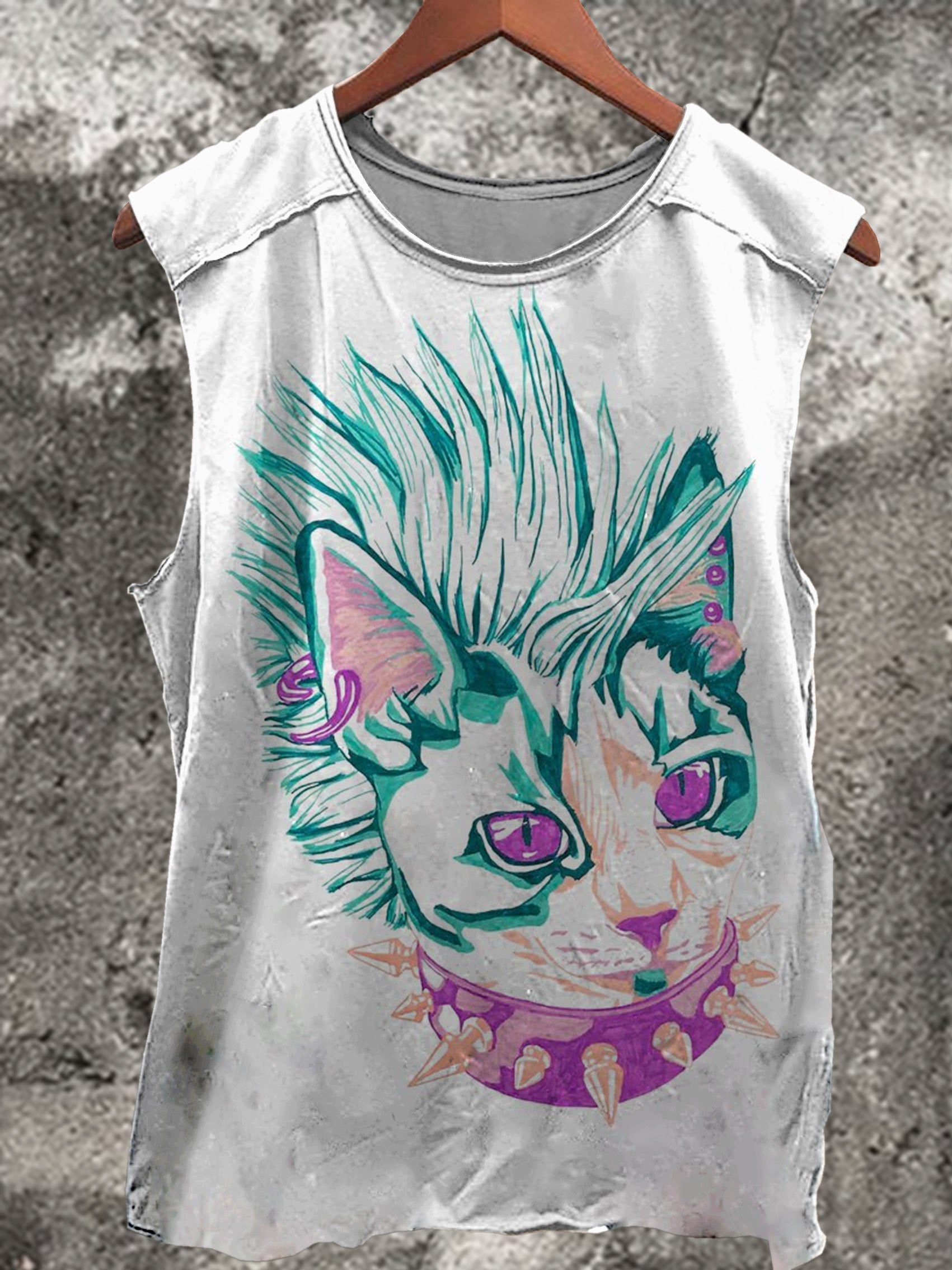 Punk Cat Print 100% Cotton Casual Tank Top