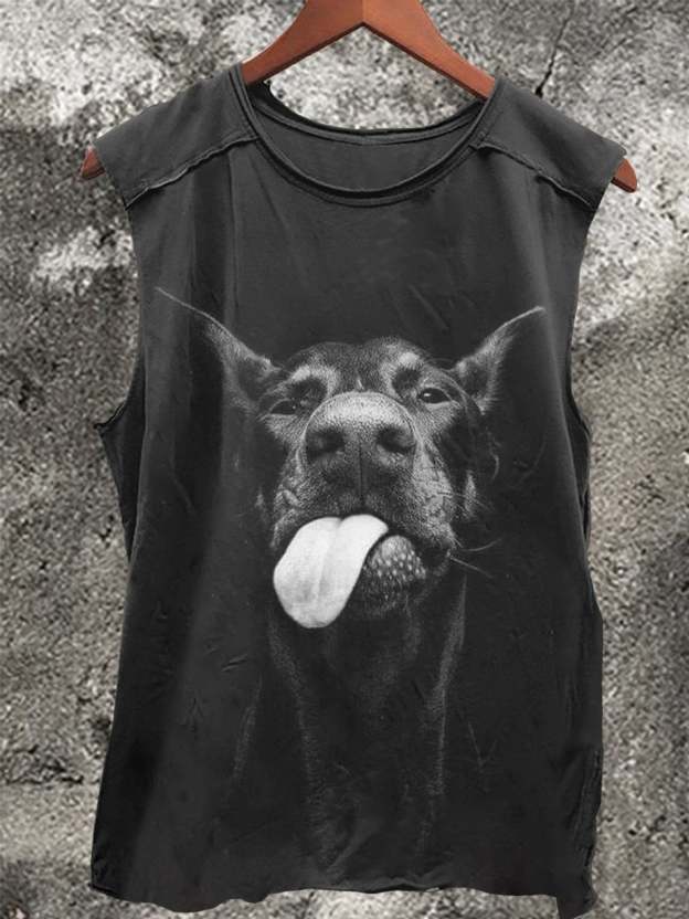 Dog Vintage Print 100% Cotton Casual Tank Top