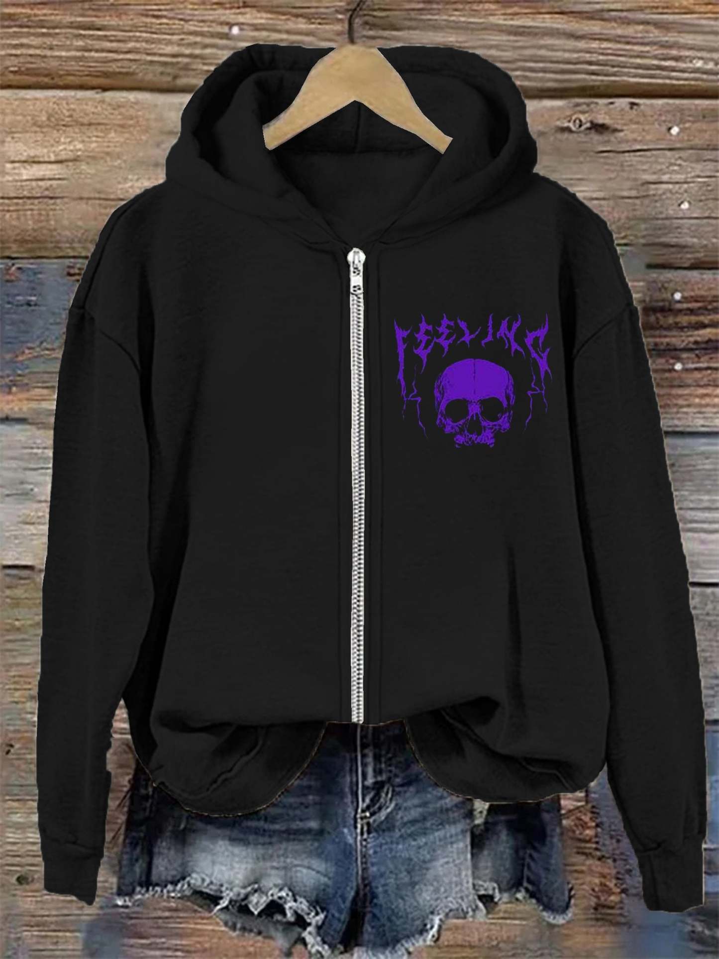 Purple Skeleton Women's Halloween Cat Print Casual Sweatshirt