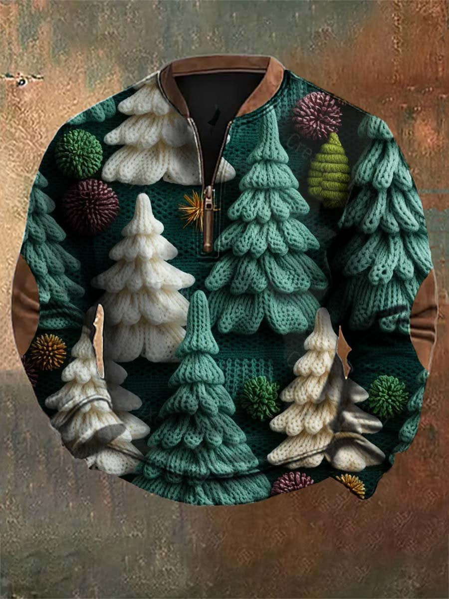 Retro Christmas Tree Print Zipper Long Sleeves Sweatshirt