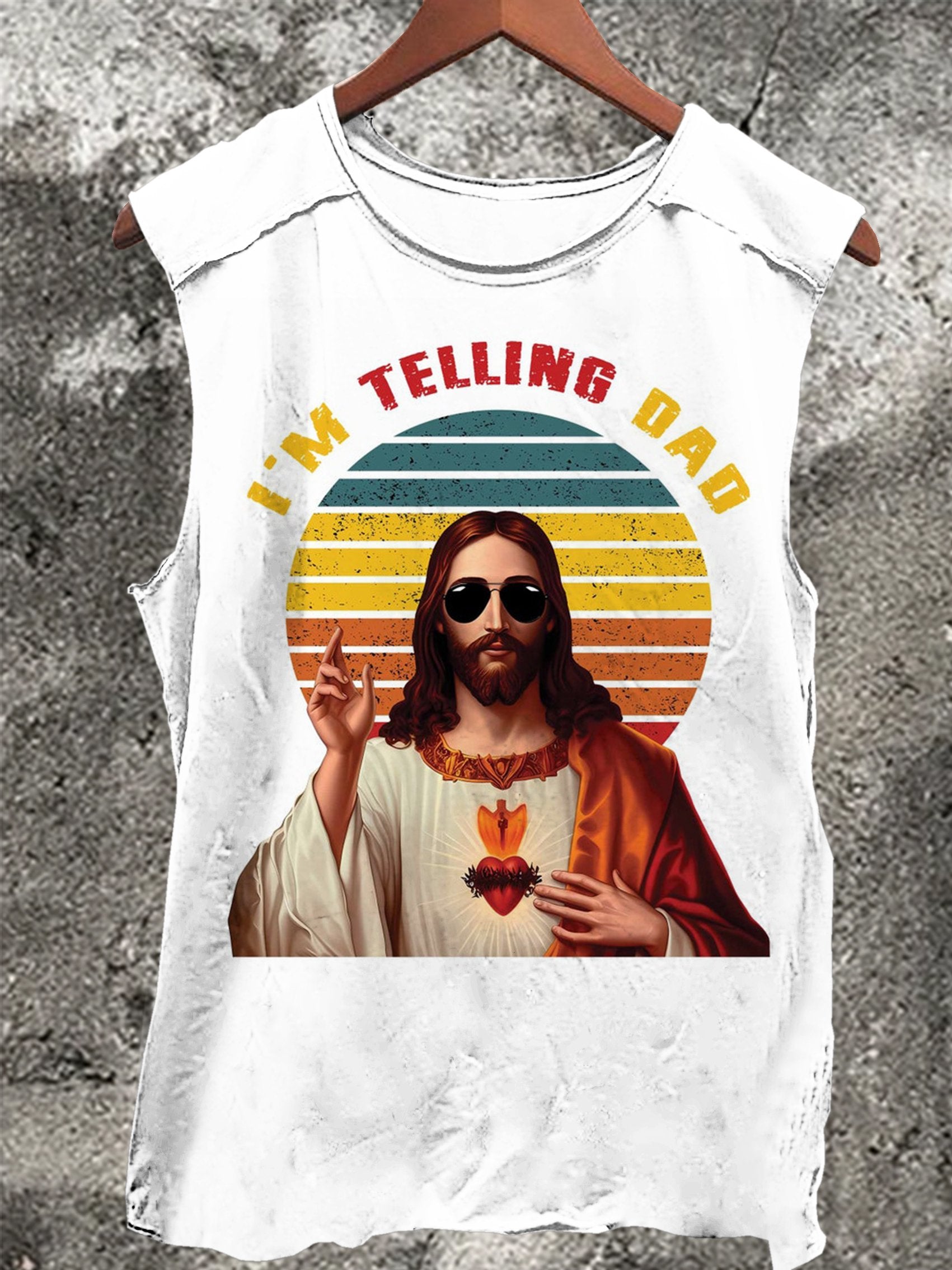 Vintage I’m Telling Dad Funny Religious Christian Jesus  Print 100% Cotton Casual Tank Top