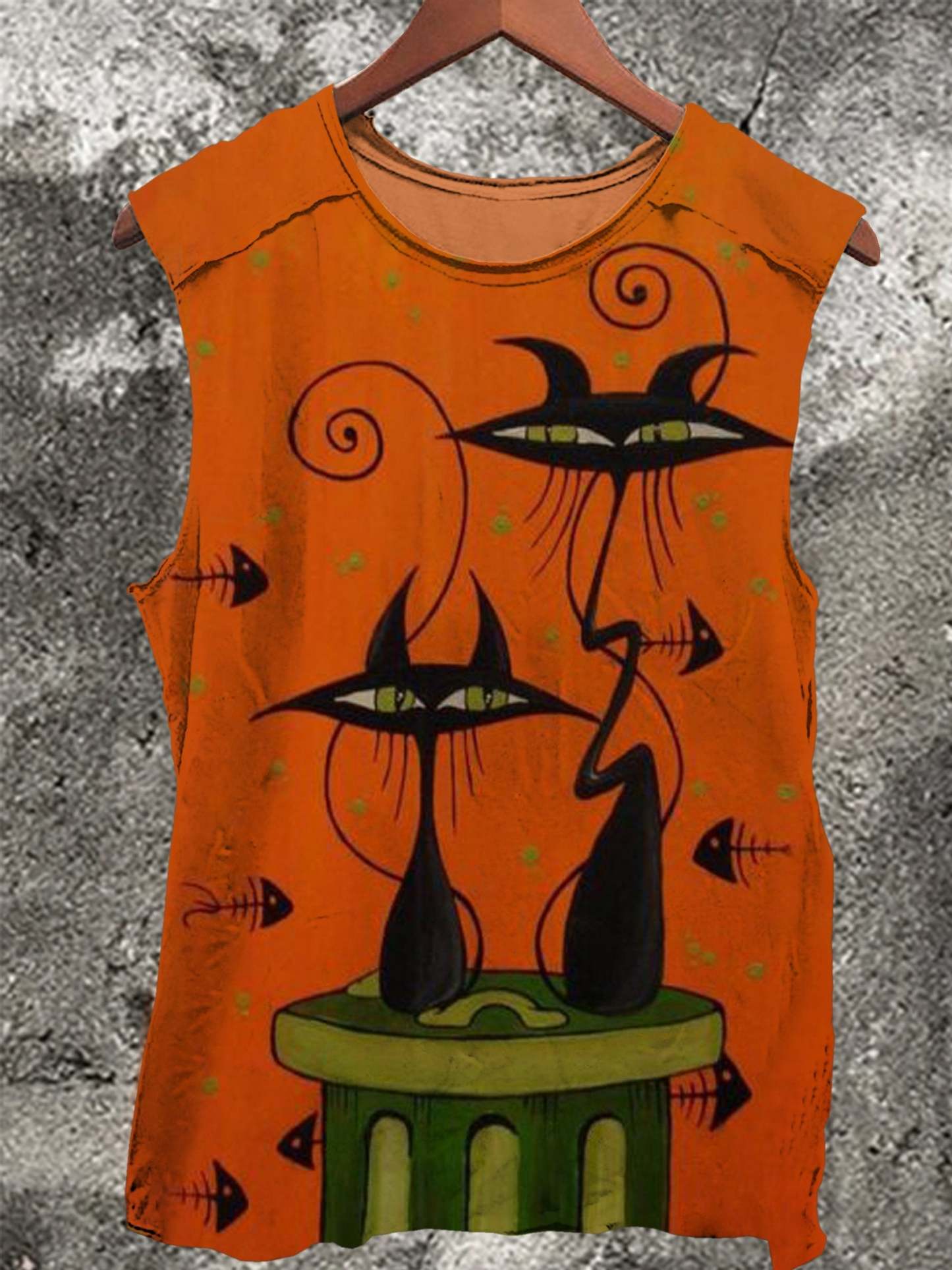 Halloween Black Cat and Fish Bones Vintage Print 100% Cotton Casual Ta