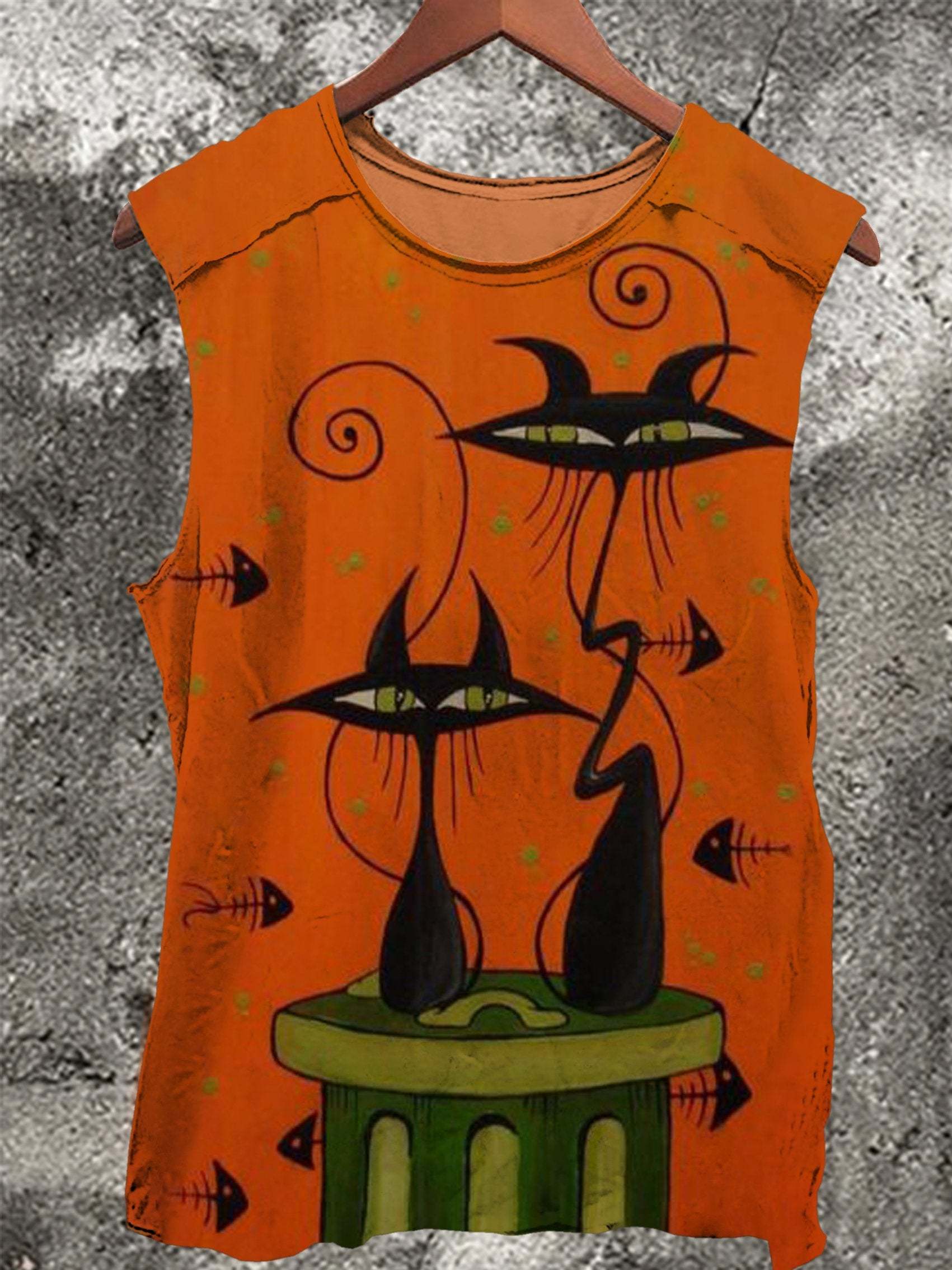 Halloween Black Cat and Fish Bones Vintage Print 100% Cotton Casual Ta