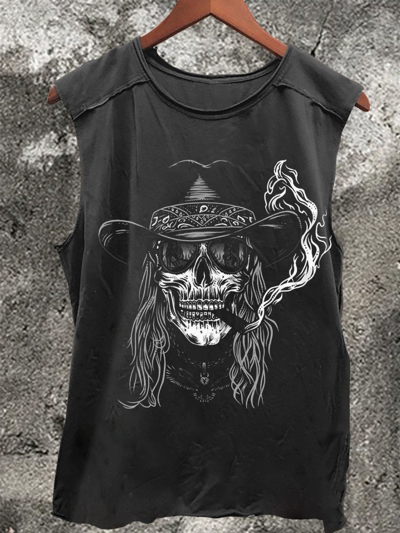 Skeleton Smoking Vintage Print 100% Cotton Casual Tank Top