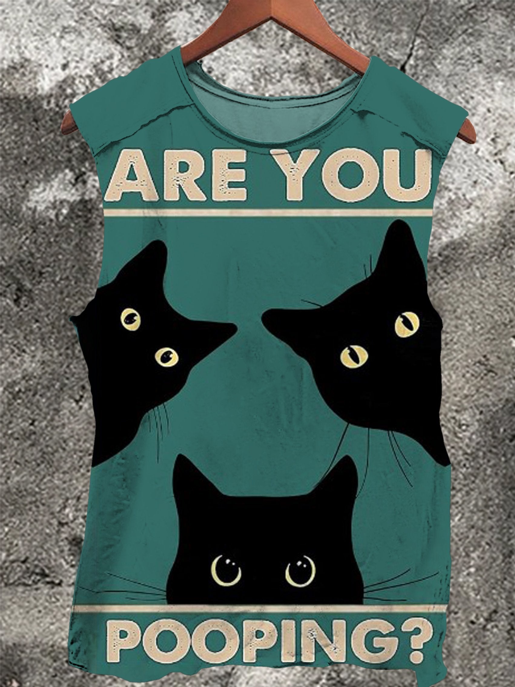 Black Cat Pooping Vintage Print 100% Cotton Casual Tank Top
