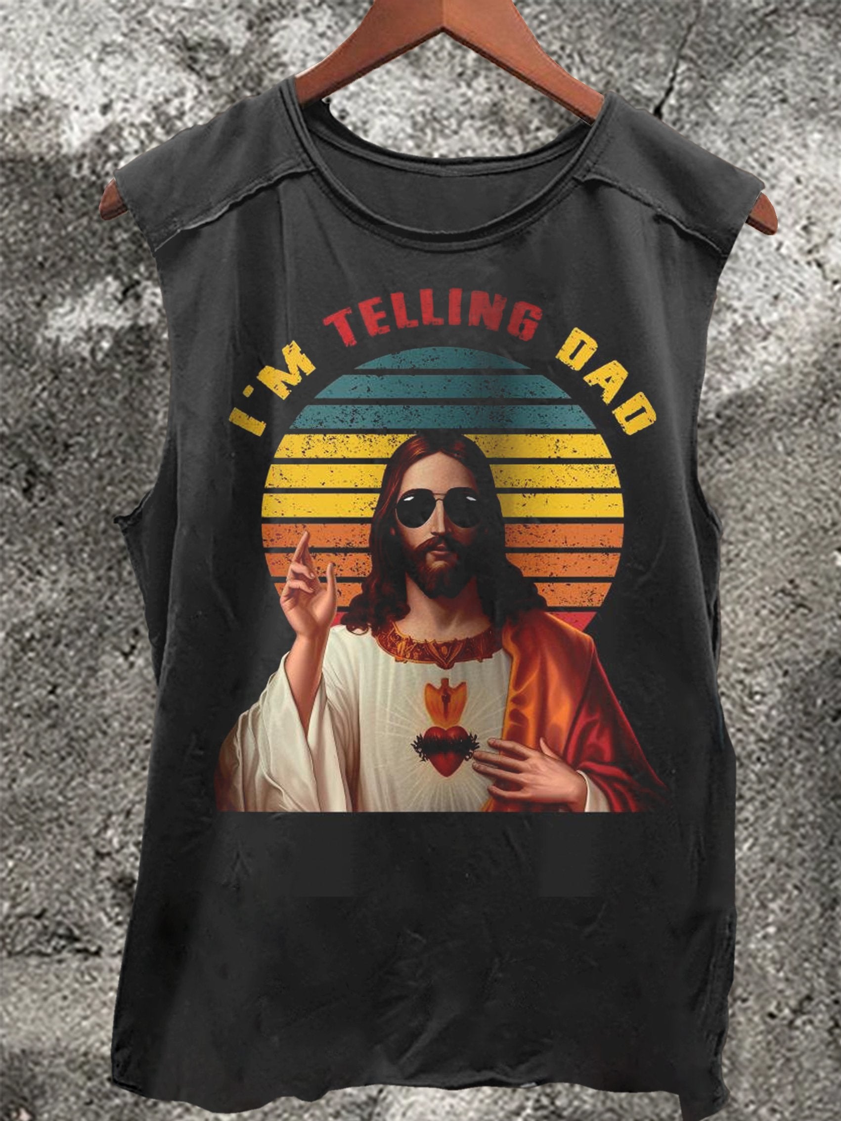 Vintage I’m Telling Dad Funny Religious Christian Jesus  Print 100% Cotton Casual Tank Top