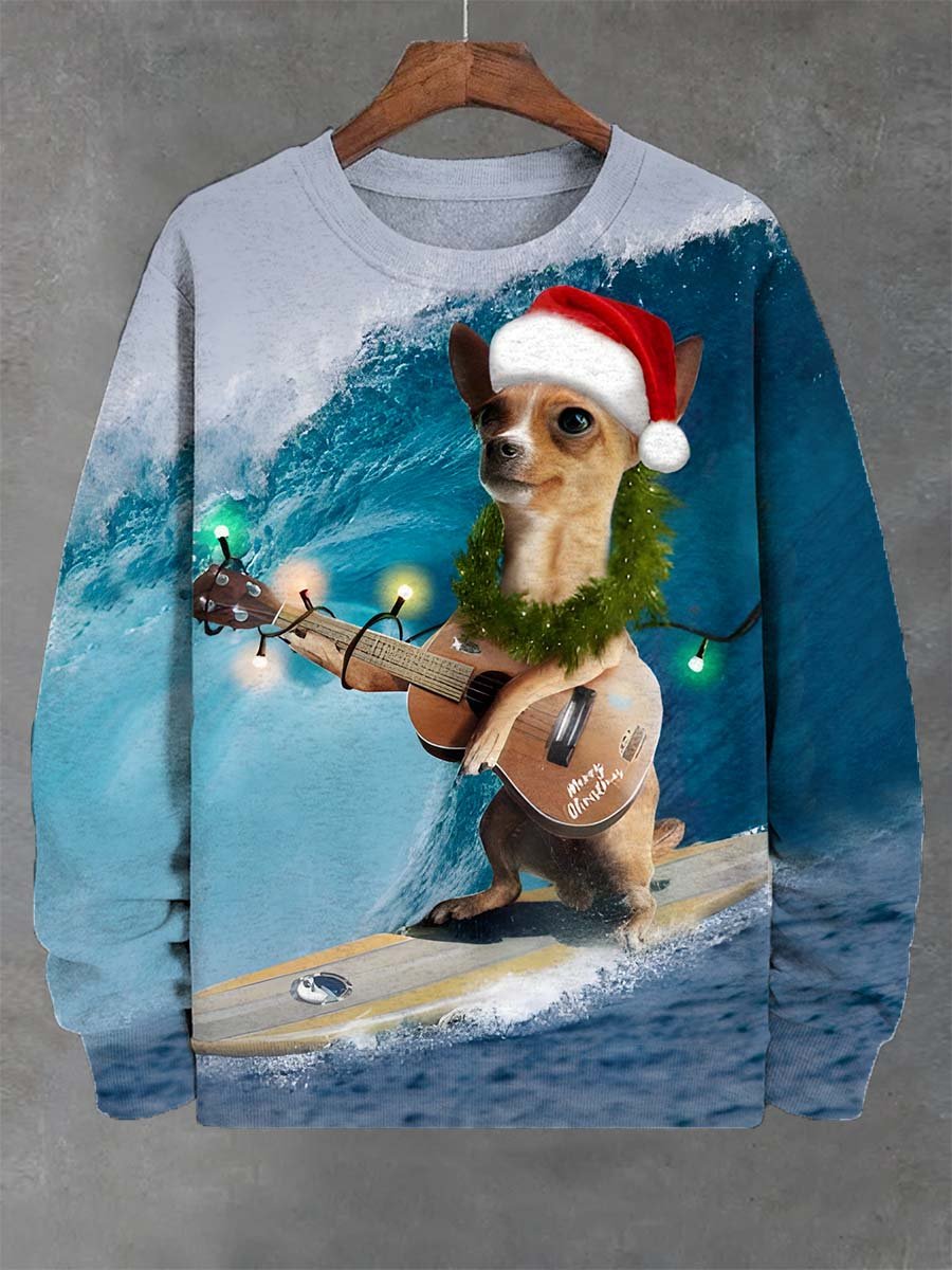 Casual Christmas Vacation Surfing Dog Guitar Print Sweatshirt