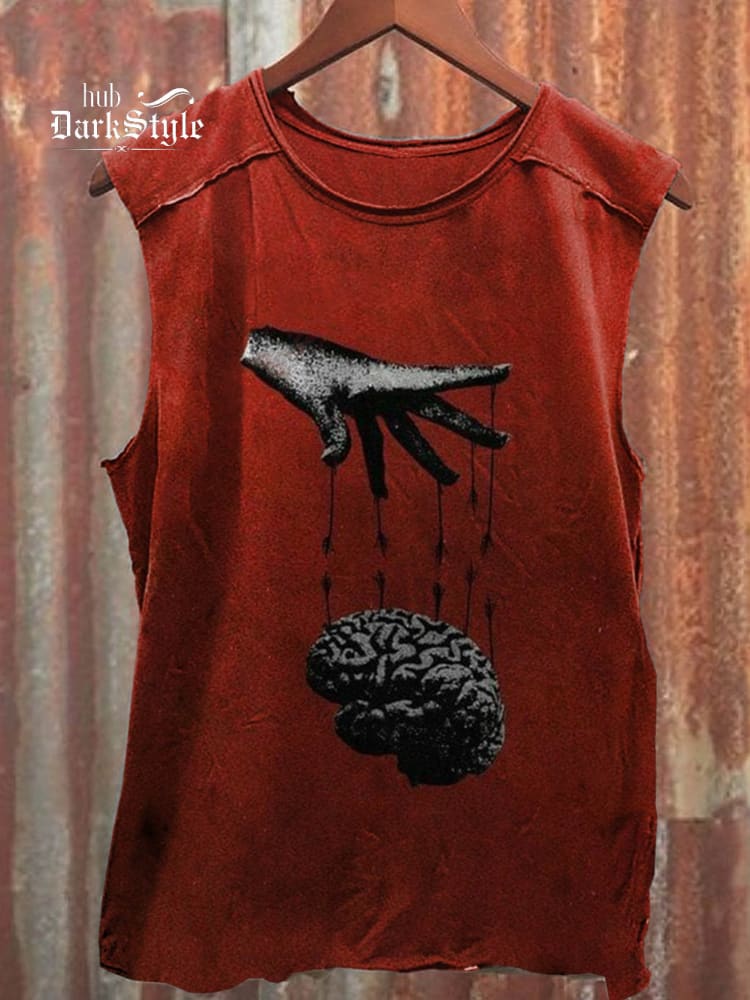 Unisex Retro Red Hand with Brain Print Casual Tank Top